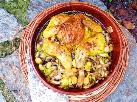 Pollo mariposa a la cazuela con patatas y champiñones  (horno de leña)