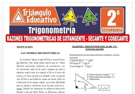 Razones Trigonométricas de Cotangente Secante y Cosecante para Segundo de Secundaria Razones Trigonométricas de Cotangente Secante y Cosecante para Segundo de Secundaria