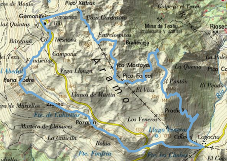 Xistras, Gamoniteiro y Peña Podre por  Camín del Fierro, Cueva los Gancios y Ventana del Abeduriu