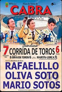 RAFAELILLO, OLIVA SOTO Y MARIO SOTOS ANUNICIADOS EN CABRA EL PRÓXIMO 7 DE SEPTIEMBRE