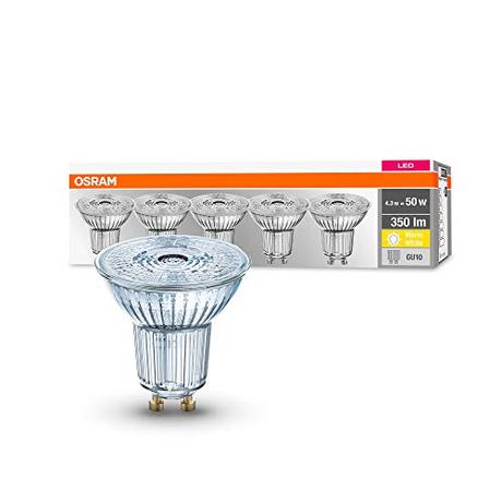 OSRAM LED Base PAR16 Bombilla reflectora, casquillo: GU10, luz blanca cálida, 2.700 K, 4,3 W, reemplaza 50 W