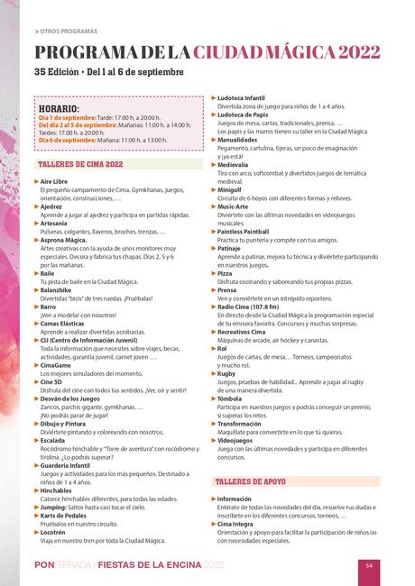 Programa de actividades de la Ciudad Mágica de CIMA. Todo lo que los peques podrán hacer del 1 al 6 de septiembre 1