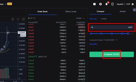 Comprar DOGE con USDT en spot en BingX