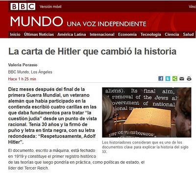 Carta de Hitler (fechada en 1919, 14 años antes de la toma del poder) en la que expresa su opinión sobre la cuestión judía