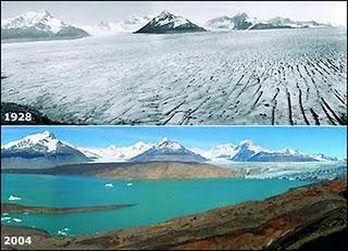 Retroceso de glaciares por el calentamiento global.