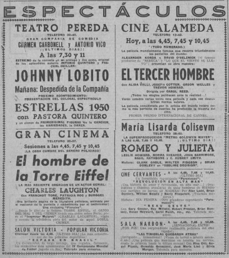 Cartelera de espectáculos de hace 72 años en Santander