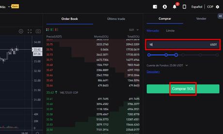 Comprar Solana SOL con USDT en spot en BingX