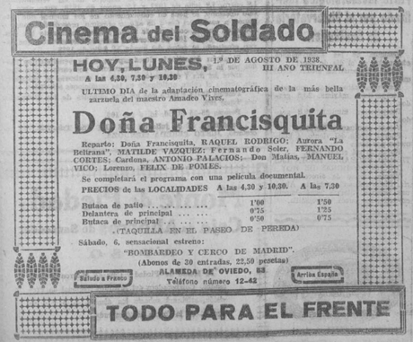 1938:Doña Francisquita en el Cinema del Soldado