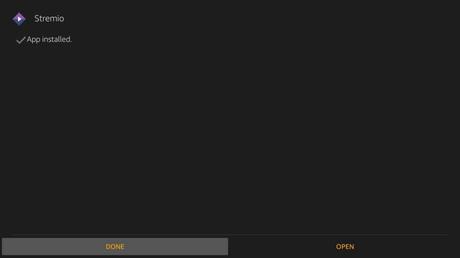 Seleccione Abrir o Listo - Stremio en Firestick