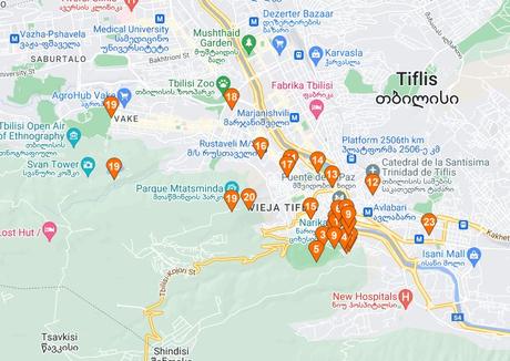 mapa de lugares que ver en Tiflis
