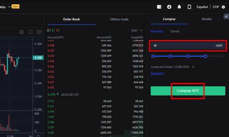 Comprar APE con USDT en Spot en BingX