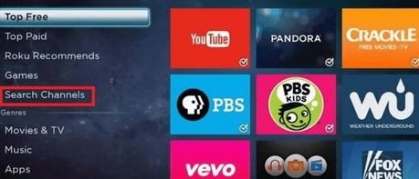 haga clic en buscar canales para buscar FX en Roku