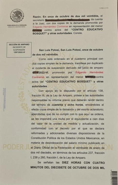 Conceden suspensión de amparo a favor de padre de niño violentado en el centro educativo BOSQUET