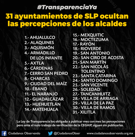 Mayoría de ayuntamientos de SLP ocultan percepciones de los aldaldes