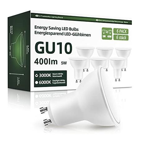 OGADA 5W Bombillas LED, casquillo GU10 Luz Blanca Cálida 3000K, 400 Lúmen, 5W para Reemplazar 40W Incandescente, 120 ° Spotlight, No regulable, Pack de 6