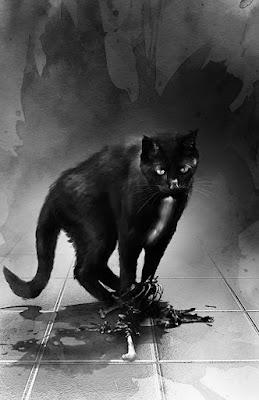 Ilustración en blanco y negro con un gato en el centro.