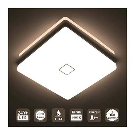 Öuesen LED 24W lámpara de techo resistente al agua moderna LED luz de techo Cuadrado delgada 2050lm Blanco natural 4000K para baño Dormitorio Cocina Sala de estar Comedor Balcón Pasillo