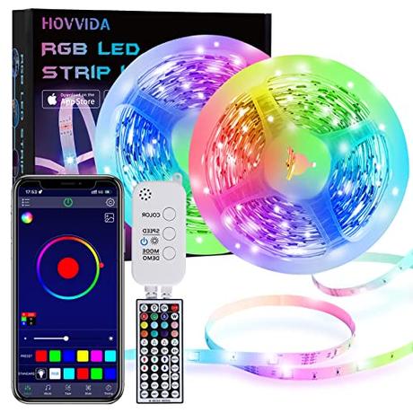 Mejor iluminación LED para casa 15M Tiras LED RGB 5050 Música, HOVVIDA Bluetooth Luces de Tiras LED 12V para Habitación, Controladas por APP, IR Control Remoto y Controlador, 16 Milliones de Colores, 28 Estilos, Modo de Horario