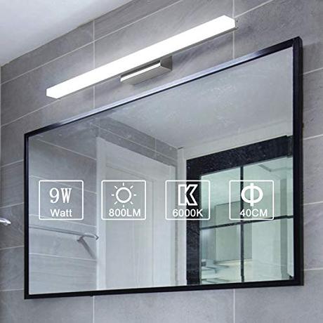 Yafido Aplique Espejo Baño Interior LED 40CM luz Baño Lámpara de Pared Espejo Iluminación para Maquillaje 9W Blanco Frío 6000K 800LM 40CM No-regulable
