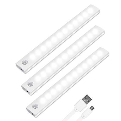 Vicloon Iluminacion Luz sin cables Portatil, 3 PCS 12 LED Luz Armario con Sensor de Movimiento con Auto en/Apagado/Siempre en, USB Recargable LED Armario con 2 Tiras Magnéticas, para Escalera, Cocina