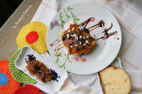 REBANADA DE BIZCOCHO CON CREMA DE CALABAZA Y CHOCOLATE