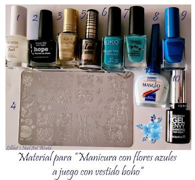 Manicura con flores azules a juego con vestido boho Manicura con flores azules a juego con vestido boho