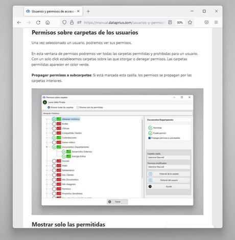 Captura de pantalla de la sección dedicada a los permisos de acceso a carpetas
