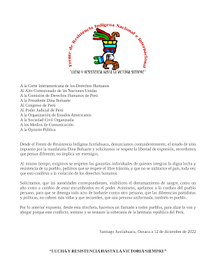 COLECTIVOS DE COMUNIDADES INDÍGENAS EN MÉXICO PIDEN RESPETO A LOS DERECHOS HUMANOS EN PERÚ