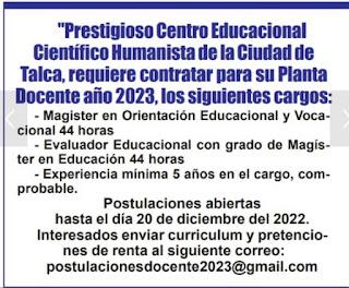 OPORTUNIDADES DE EMPLEOS PARA ORIENTADORES EN CHILE. SEMANA: 12 al 18-12-2022.