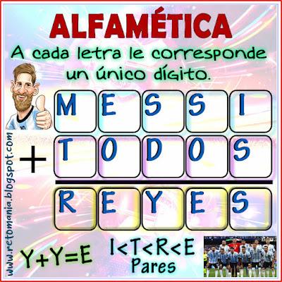 Alfamética, Criptoaritmética, Criptograma, Criptosuma, Juego de letras, Juego de palabras, Messi, Pasatiempo