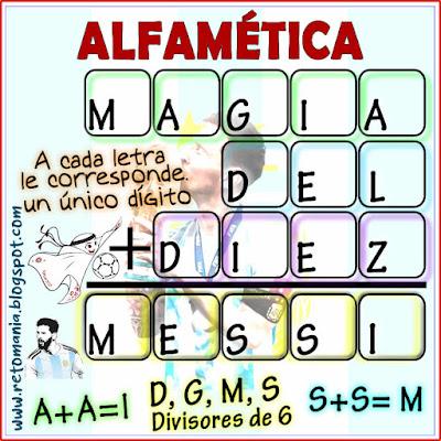 ALFAMÉTICAS: MESSI Alfamética, Criptoaritmética, Criptograma, Criptosuma, Juego de letras, Juego de palabras, Messi, Pasatiempo