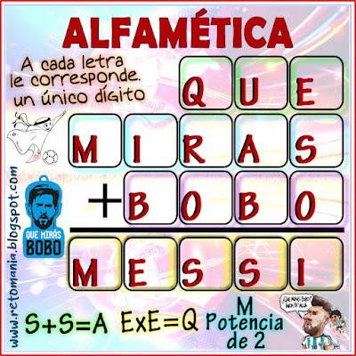 Alfamética, Criptoaritmética, Criptograma, Criptosuma, Juego de letras, Juego de palabras, Messi, Pasatiempo