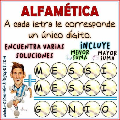 Alfamética, Criptoaritmética, Criptograma, Criptosuma, Juego de letras, Juego de palabras, Messi, Pasatiempo