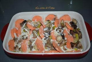 Gratinado de boniatos con setas y puerro