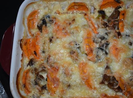 Gratinado de boniatos con setas y puerro
