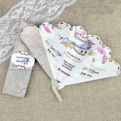 10 ideas originales para las invitaciones de tu boda con temática de viajes Invitación de boda abanico