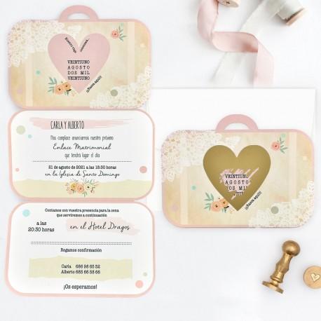 10 ideas originales para las invitaciones de tu boda con temática de viajes Invitación de boda maleta con rasca