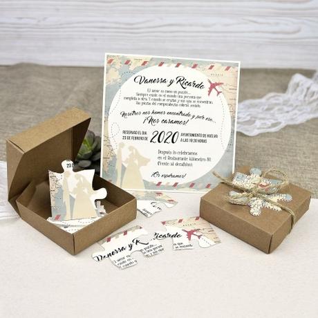 10 ideas originales para las invitaciones de tu boda con temática de viajes Invitación de boda puzzle