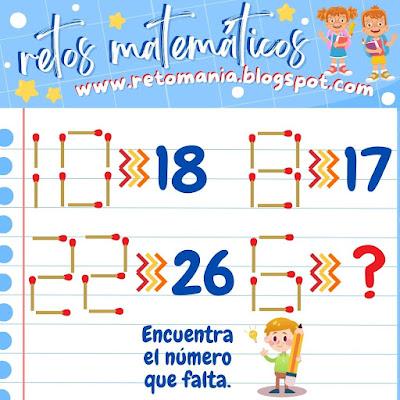 Desafíos matemáticos, Retos matemáticos, Problemas matemáticos, Descubre el número, Busca el número, Acertijos, Acertijos matemáticos, Juego de Cerillas, Juego con Fósforos, Juego con Palillos