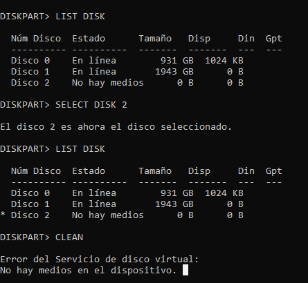 Solucionar problema diskpart Clean Error del servicio de disco virtual