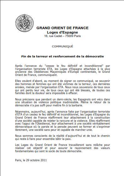 comunicado Gran Oriente de Francia fin de ETA
