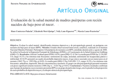 Evaluación de la Salud Mental de madres puérperas con recién nacidos de bajo peso al nacer - Contreras-Pulache y col.