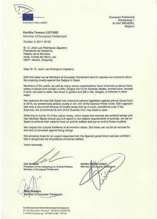 Carta remitida al Parlamento europeo