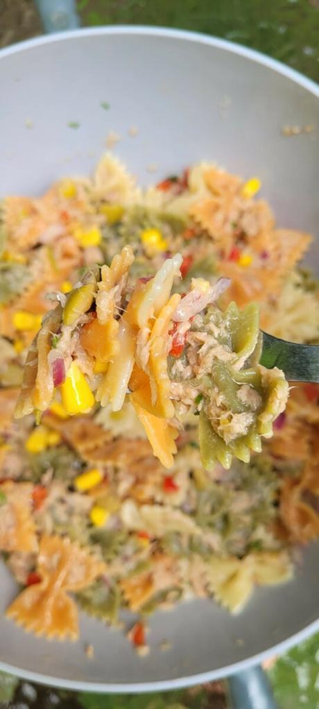 Ensalada fría de pasta de pajaritas y atún con vegetales