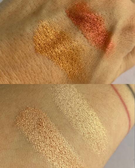 Swatches de Natura Faces: gel glitter, labiales y sombras mono.