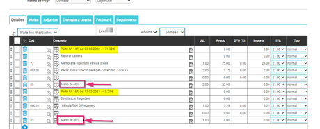 Formulario de factura con partes de trabajo añadidos