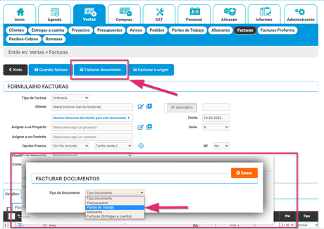 En el formulario de clientes seleccionar facturar documento y ahí partes de trabajo