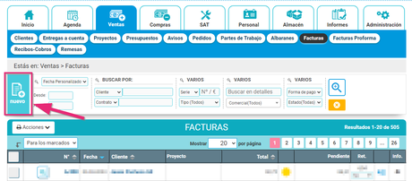 Crear una nueva factura desde el apartado de Ventas en Facturas