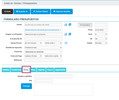 Añadir la firma en un presupuesto de Cloud Gestion Crear Presupuesto: pestaña firma