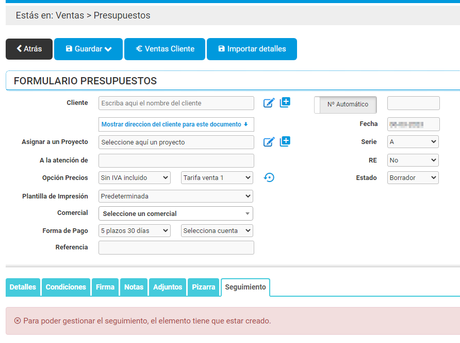 Añadir un seguimiento en un presupuesto de Cloud Gestion Crear presupuesto: pestaña de seguimiento